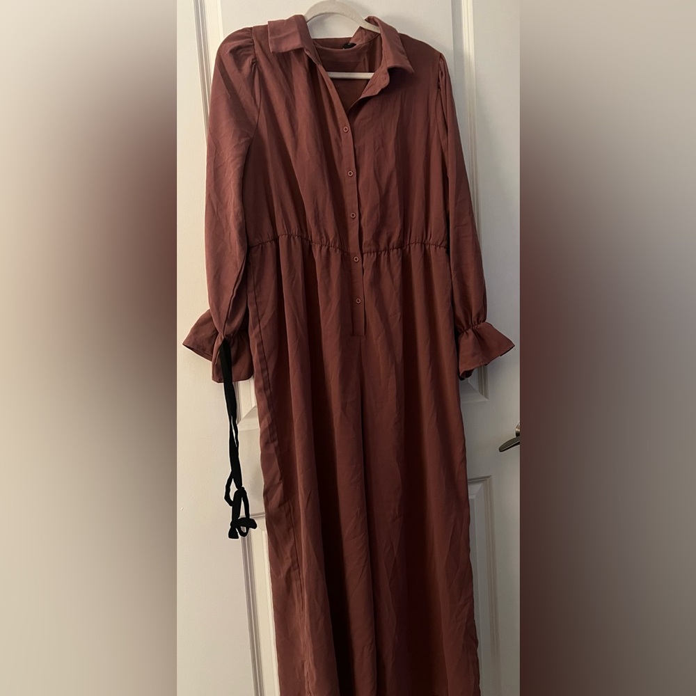 SHEIN Brown Ruffled Smocked Jumpsuit with Bishop Sleeves